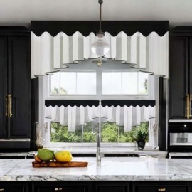 Szett: konyhai voálfüggöny 200x80 cm + vitrázsfüggönyök 90x50 cm, fekete szegéllyel