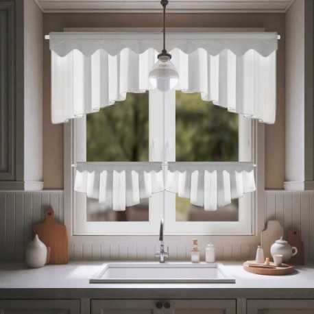 Szett: konyhai voálfüggöny 200x80 cm + vitrázsfüggönyök 90x50 cm, szürke szegéllyel