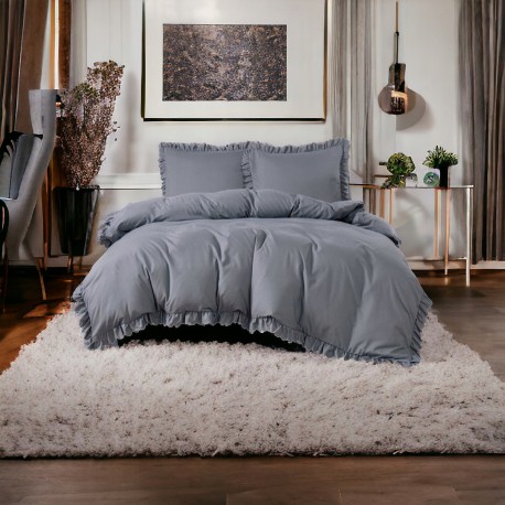 3 részes ágyneműgarnitúra fodrokkal, sötétszürke szín, 200x220 cm