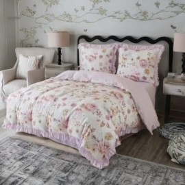 3 részes ágyneműgarnitúra fodrokkal, rózsaszín virágmintával, 200x220 cm