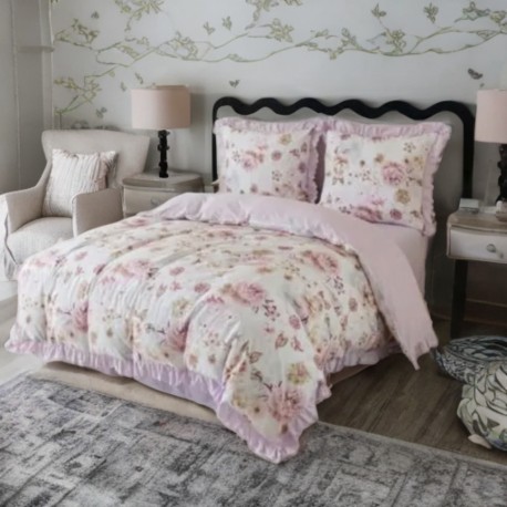 3 részes ágyneműgarnitúra fodrokkal, rózsaszín virágmintával, 200x220 cm