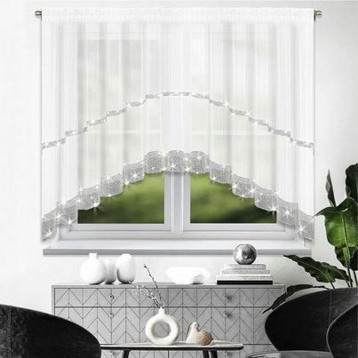 Fehér voile függöny cirkóniákkal, íves, ráncolószalagon 400x150 cm