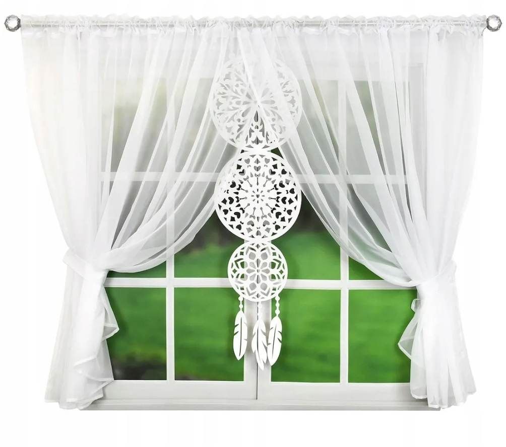 Szett: fehér voile függöny 400x150 cm és dekoratív álomfogó panel