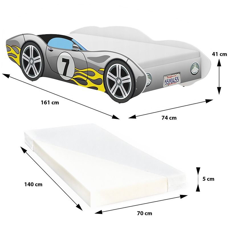 Gyerekágy Versenyautó szürke lángmintával 140 × 70 cm