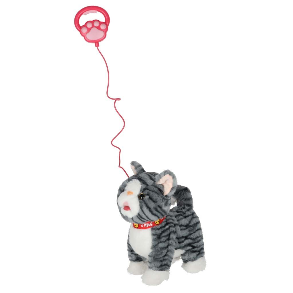 Interaktív kiscica pórázon, nyávog, járkál és csóválja a farkát, szürke