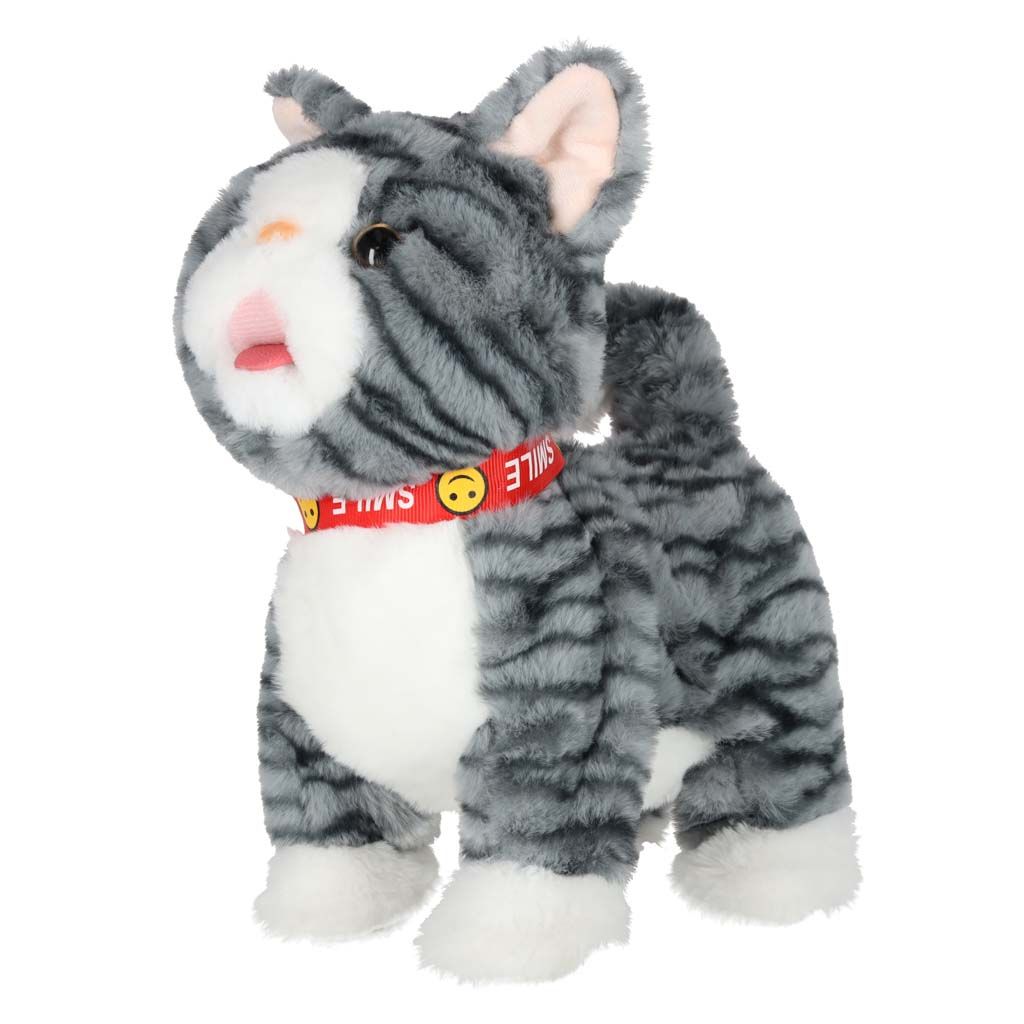 Interaktív kiscica pórázon, nyávog, járkál és csóválja a farkát, szürke