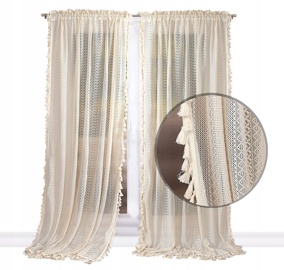 BOHO csipkefüggöny 145x250 cm, ráncolószalaggal, 1 db