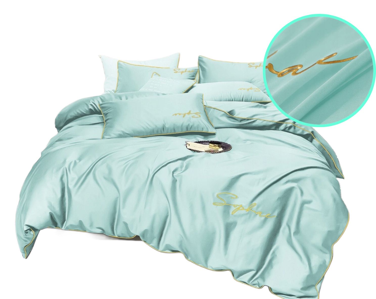 3 részes ágyneműgarnitúra hímzéssel, mentazöld szín, 160x200 cm