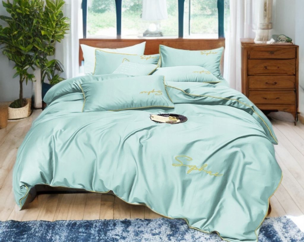 3 részes ágyneműgarnitúra hímzéssel, mentazöld szín, 200x220 cm