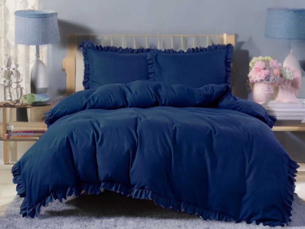 3 részes ágyneműgarnitúra fodrokkal, sötétkék szín, 160x200 cm