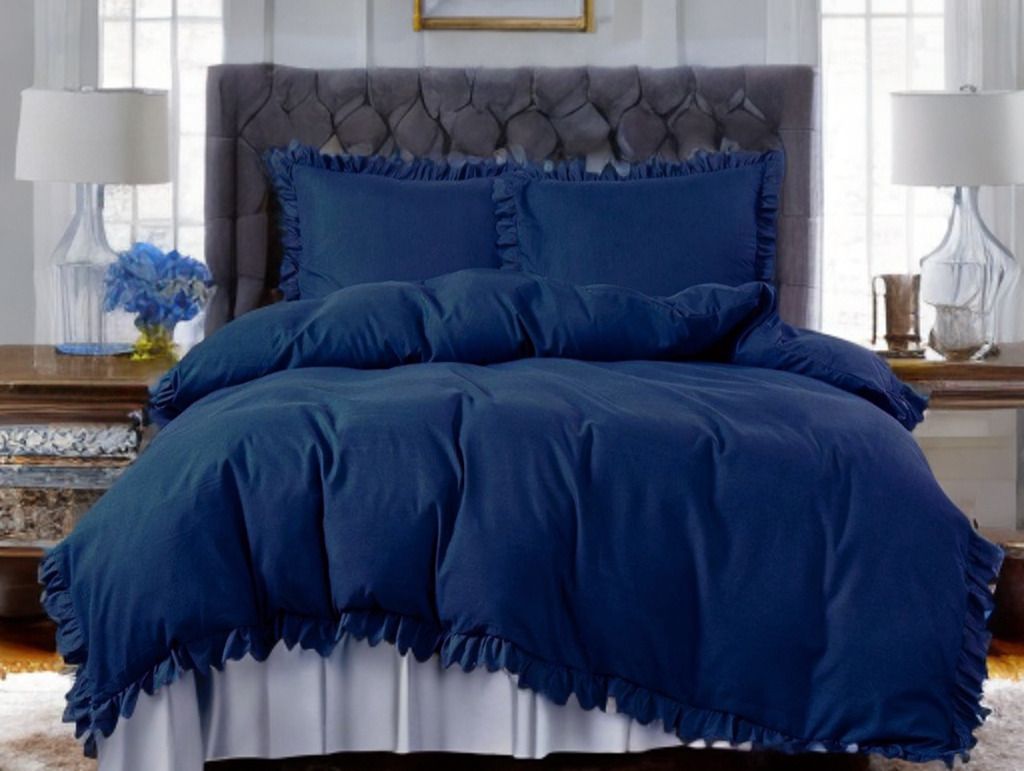 3 részes ágyneműgarnitúra fodrokkal, sötétkék szín, 160x200 cm