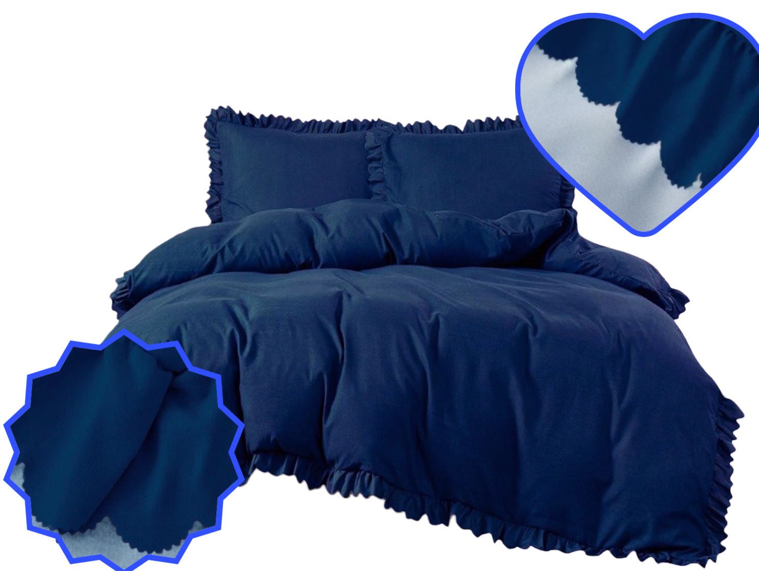 3 részes ágyneműgarnitúra fodrokkal, sötétkék szín, 160x200 cm