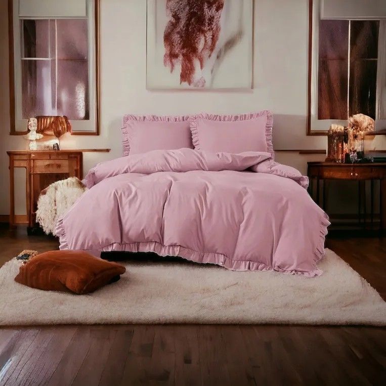 3 részes ágyneműgarnitúra fodrokkal, rózsaszín szín, 160x200 cm