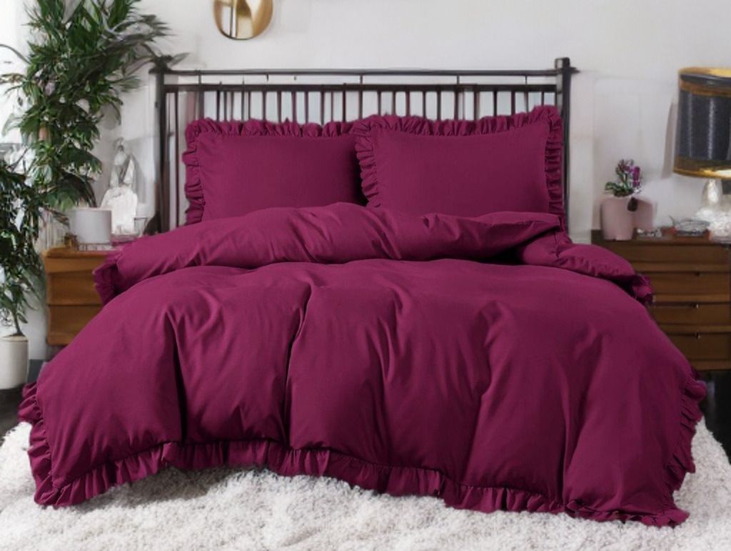 3 részes ágyneműgarnitúra fodrokkal, bordó szín, 160x200 cm