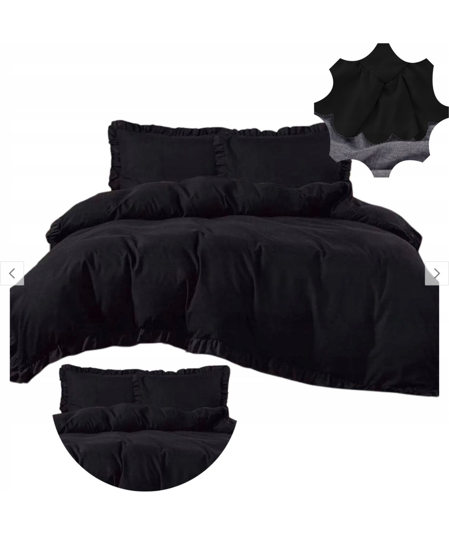 3 részes ágyneműgarnitúra fodrokkal, fekete szín, 160x200 cm