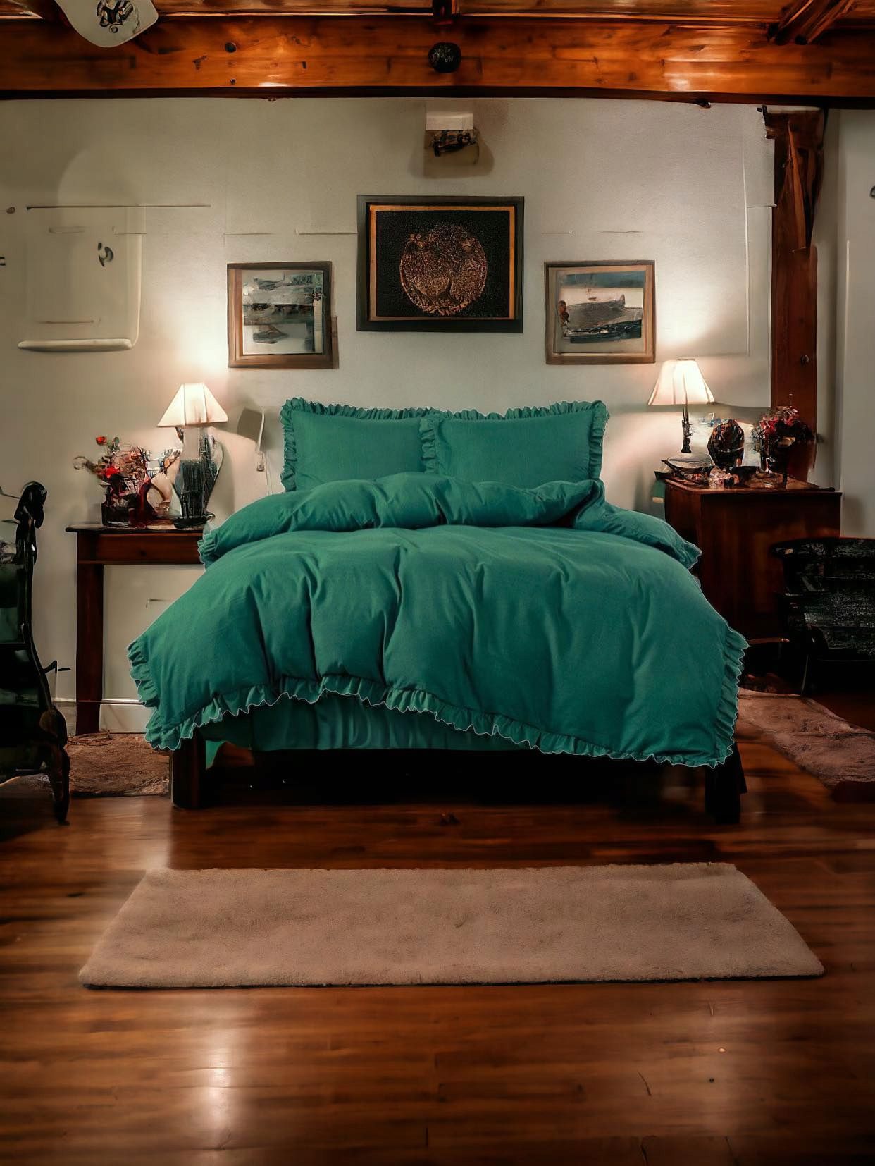 3 részes ágyneműgarnitúra fodrokkal, zöld szín, 160x200 cm