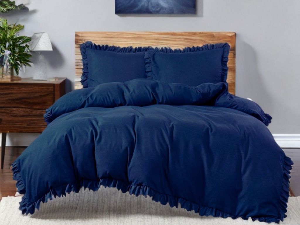 3 részes ágyneműgarnitúra fodrokkal, sötétkék szín, 200x220 cm