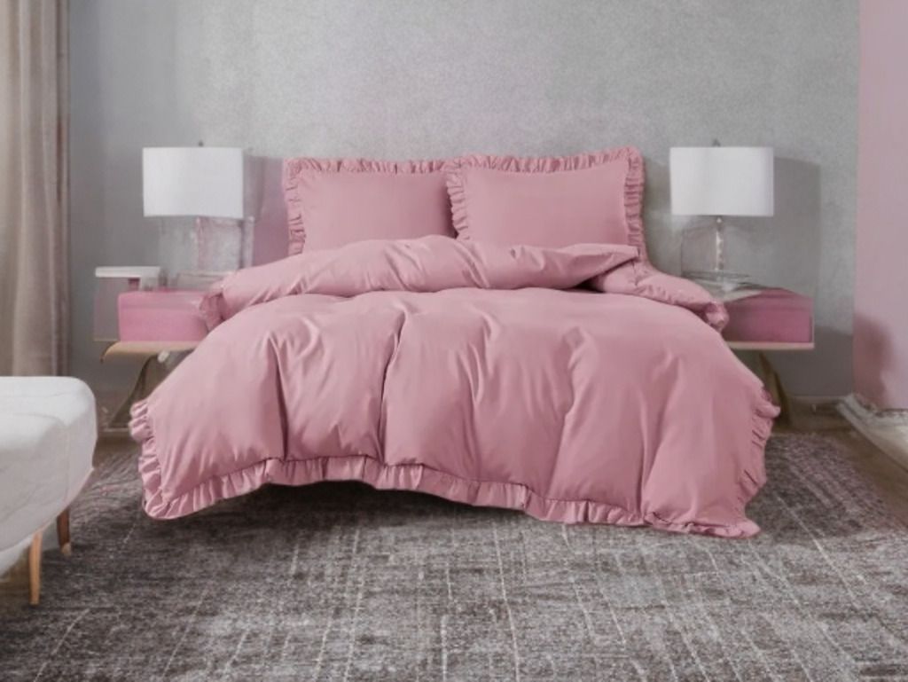 3 részes ágyneműgarnitúra fodrokkal, rózsaszín szín, 200x220 cm