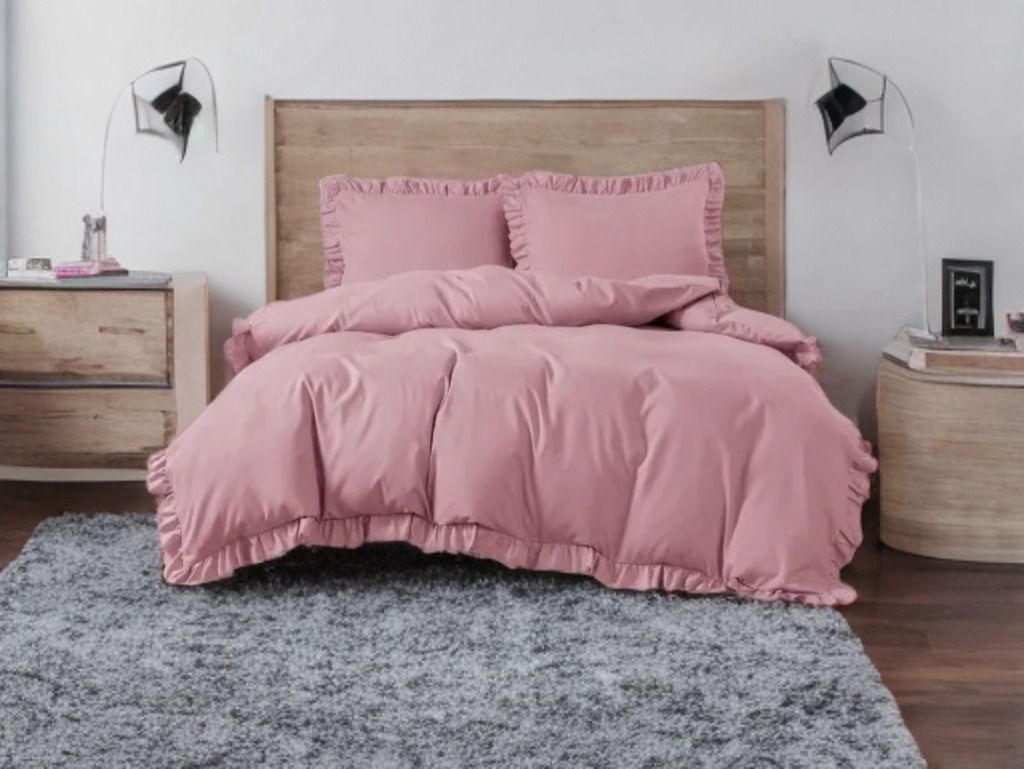 3 részes ágyneműgarnitúra fodrokkal, rózsaszín szín, 200x220 cm
