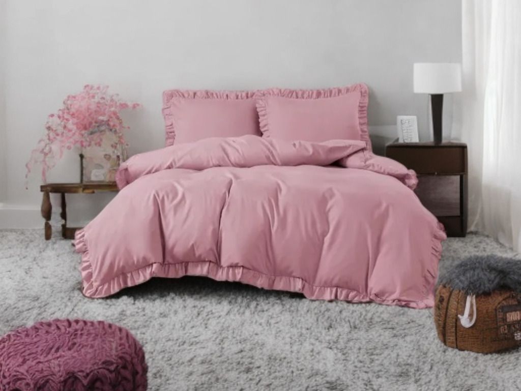 3 részes ágyneműgarnitúra fodrokkal, rózsaszín szín, 200x220 cm