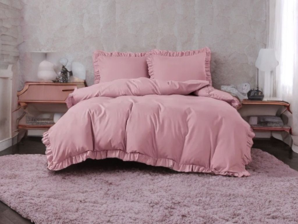 3 részes ágyneműgarnitúra fodrokkal, rózsaszín szín, 200x220 cm