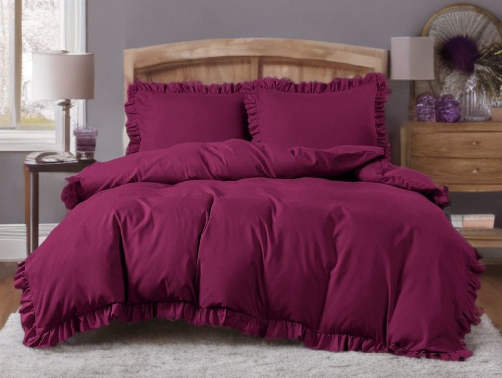 3 részes ágyneműgarnitúra fodrokkal, bordó szín, 200x220 cm