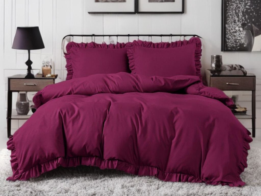 3 részes ágyneműgarnitúra fodrokkal, bordó szín, 200x220 cm