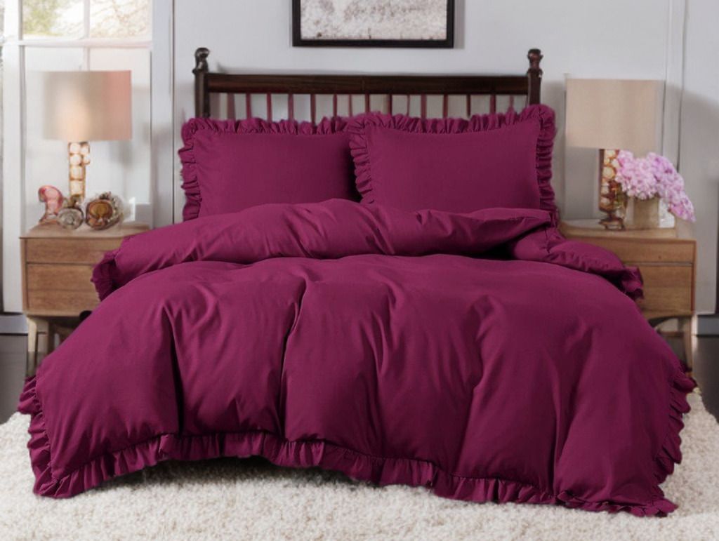 3 részes ágyneműgarnitúra fodrokkal, bordó szín, 200x220 cm