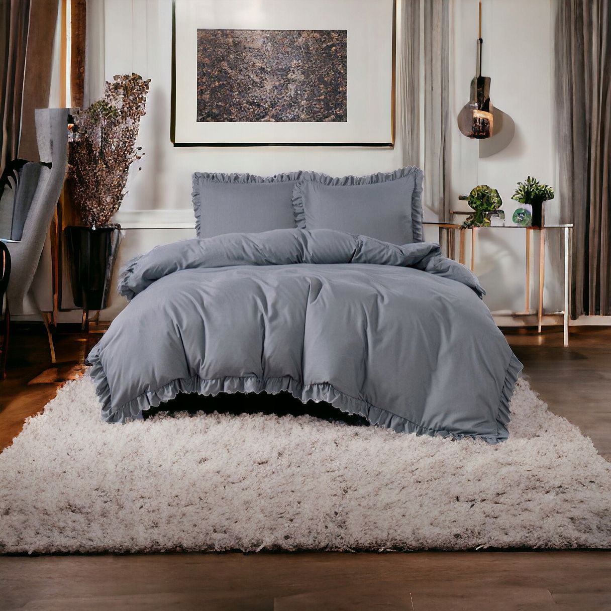 3 részes ágyneműgarnitúra fodrokkal, sötétszürke szín, 200x220 cm