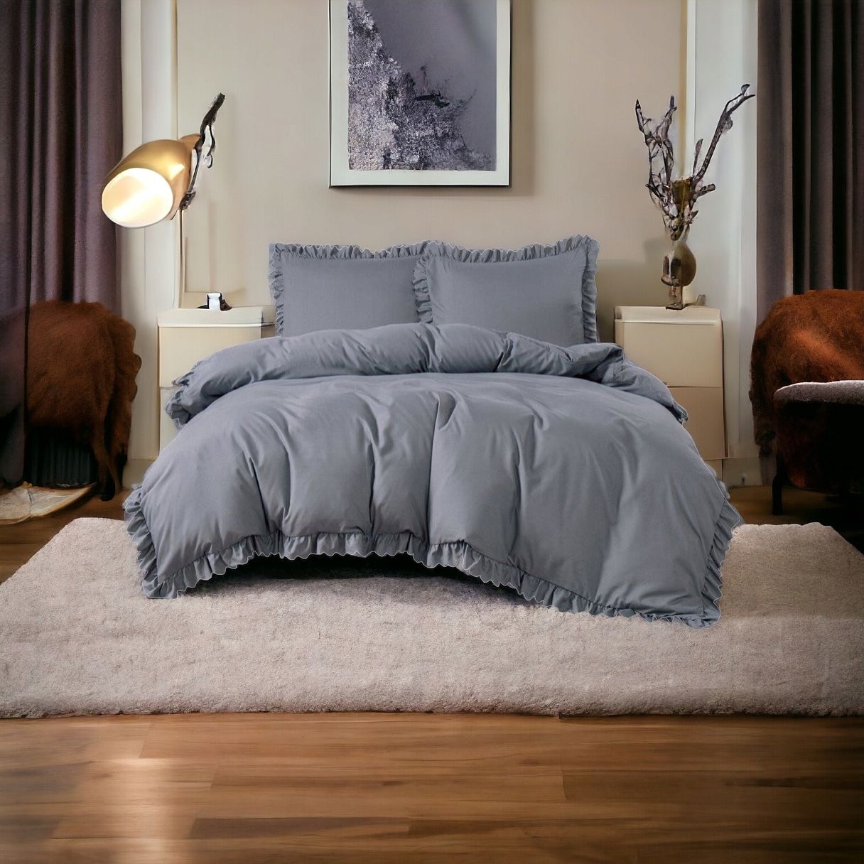 3 részes ágyneműgarnitúra fodrokkal, sötétszürke szín, 200x220 cm