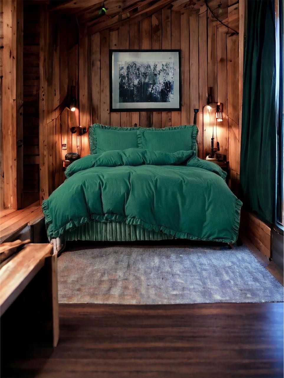 3 részes ágyneműgarnitúra fodrokkal, zöld szín, 200x220 cm