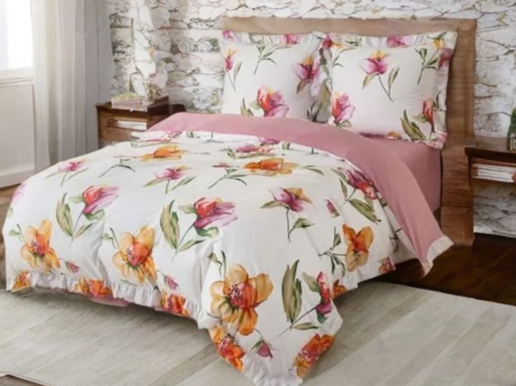 3 részes ágyneműgarnitúra fodrokkal, virágmintás, 200x220 cm