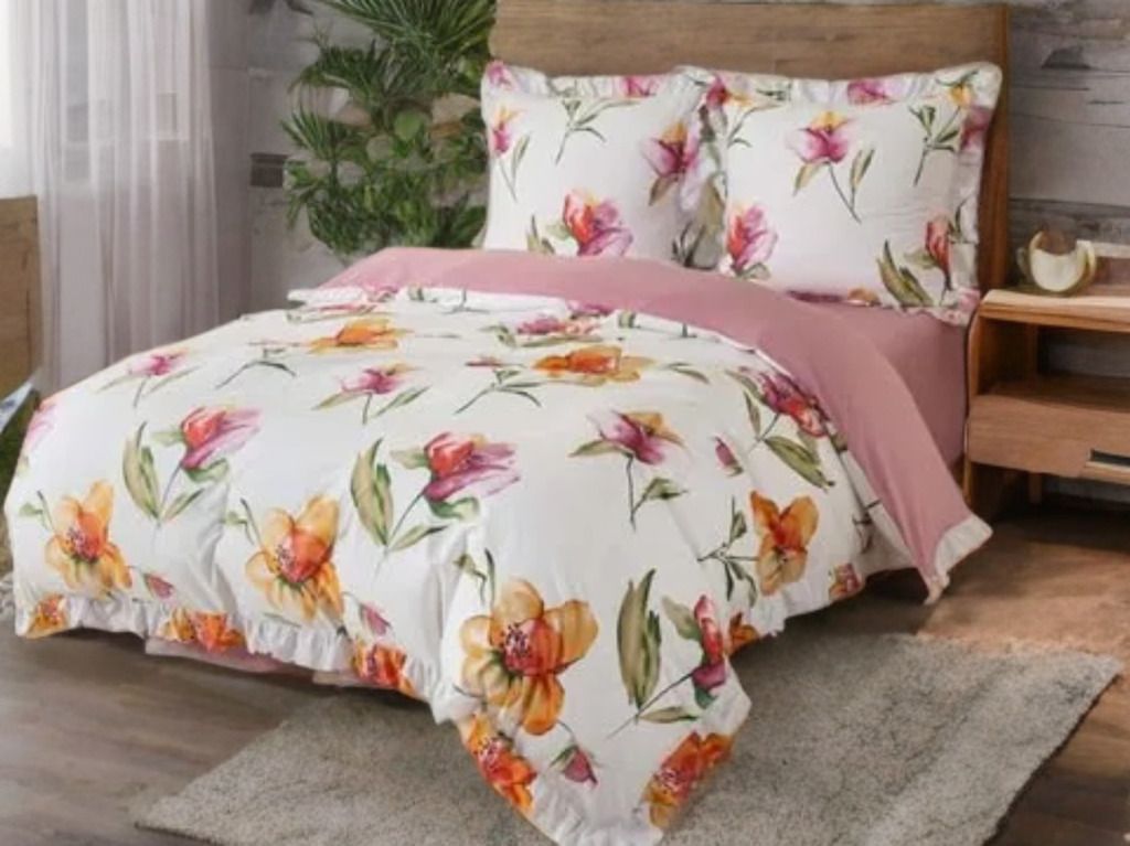 3 részes ágyneműgarnitúra fodrokkal, virágmintás, 200x220 cm