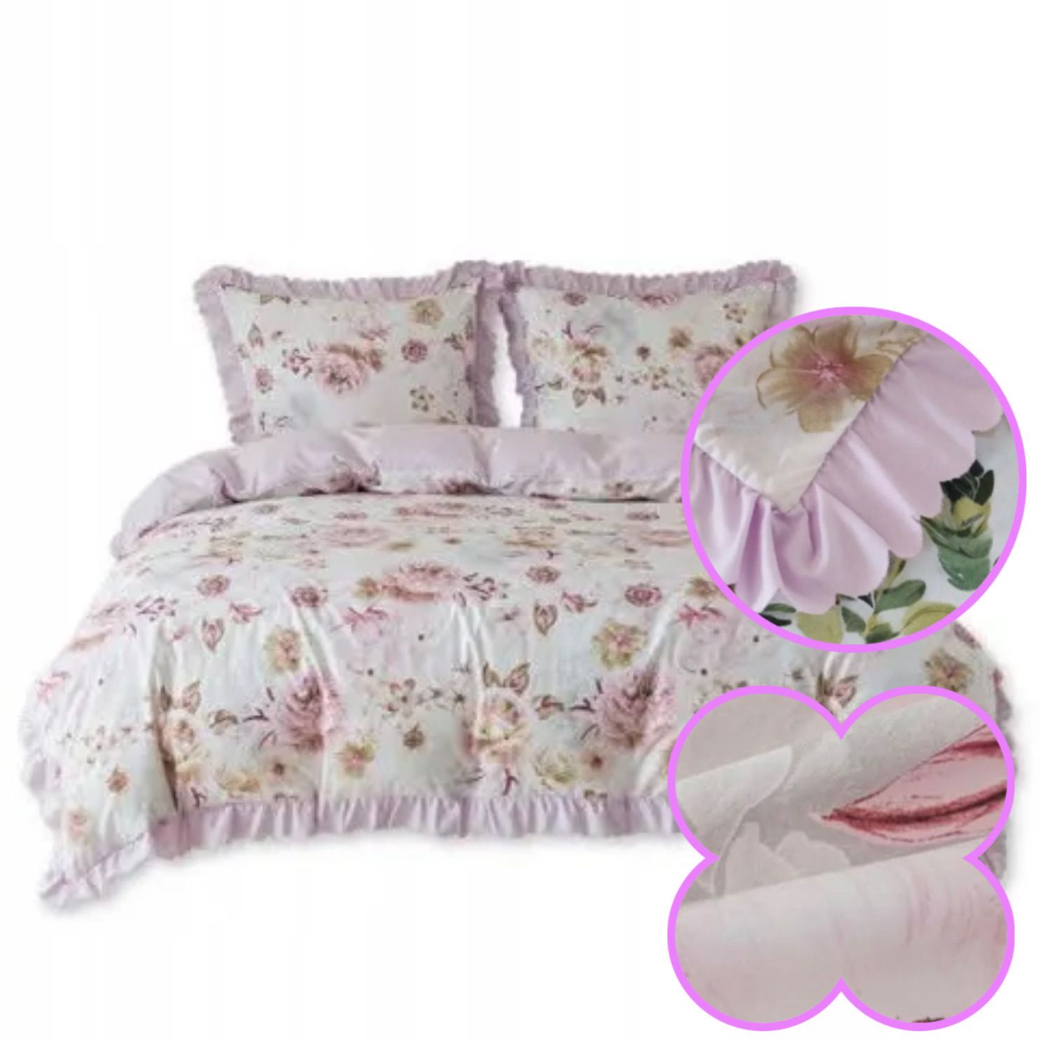 3 részes ágyneműgarnitúra fodrokkal, rózsaszín virágmintával, 200x220 cm
