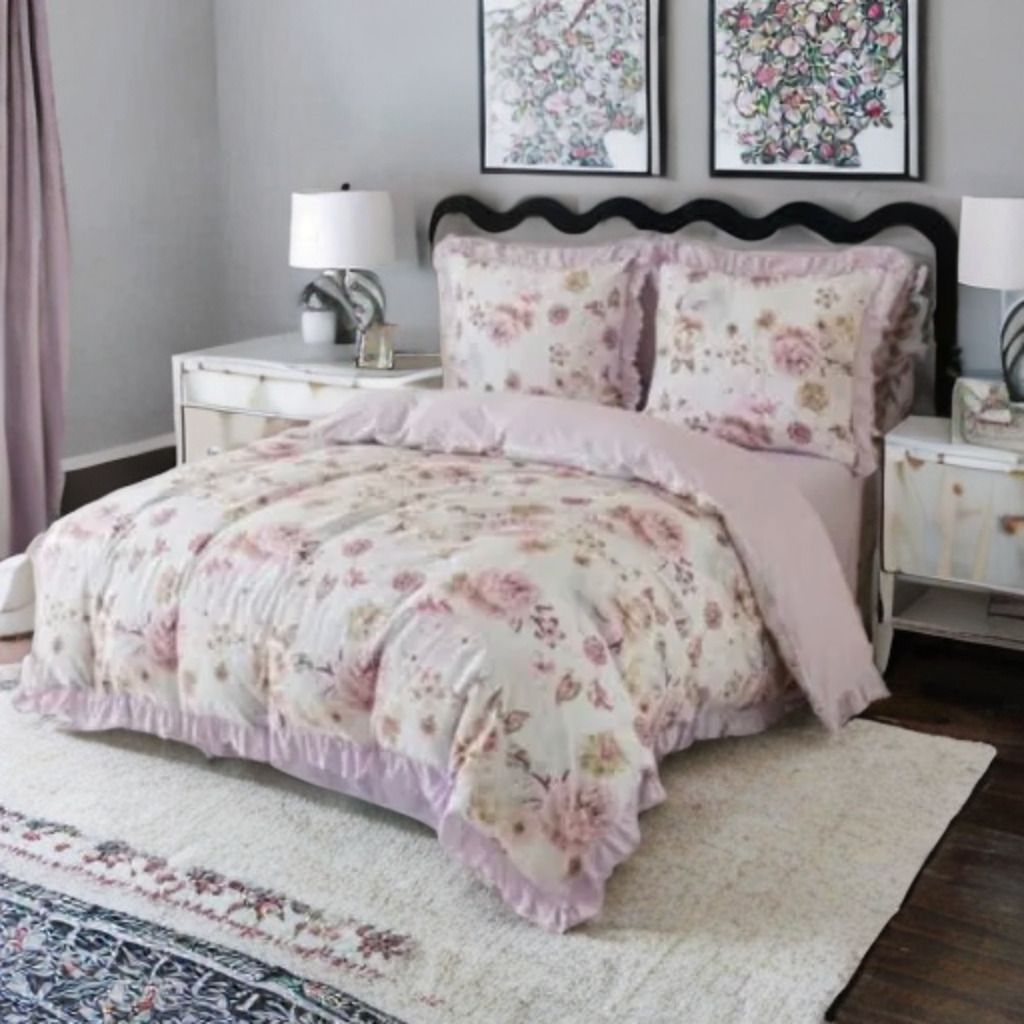 3 részes ágyneműgarnitúra fodrokkal, rózsaszín virágmintával, 200x220 cm