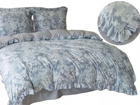 3 részes ágyneműgarnitúra fodrokkal, szürkéskék virágmintával, 200x220 cm