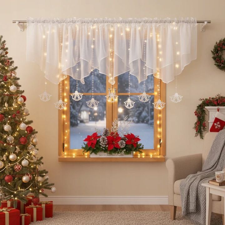 Rövid dekorfüggöny, fehér filc függődíszek, 400x110 cm