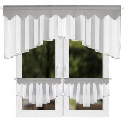 Szett: konyhai voálfüggöny 200x80 cm + vitrázsfüggönyök 90x50 cm, szürke szegéllyel