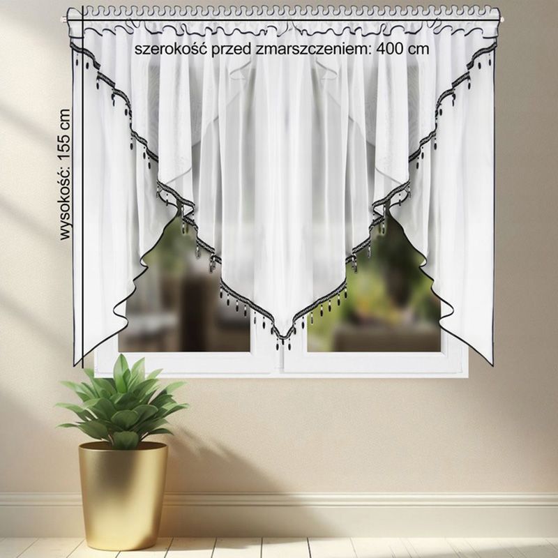 Kétrétegű voile függöny gyöngyökkel és fekete szegéllyel 400×155 cm