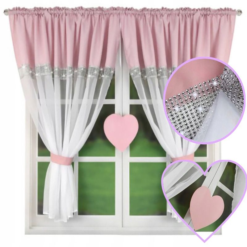 Rózsaszín-fehér függöny strasszkövekkel és szív motívummal 400×145 cm