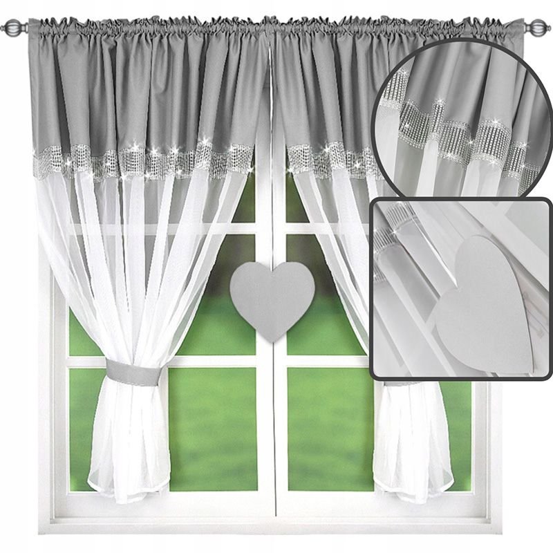 Szürke-fehér függöny strasszkövekkel és szív motívummal 400×145 cm