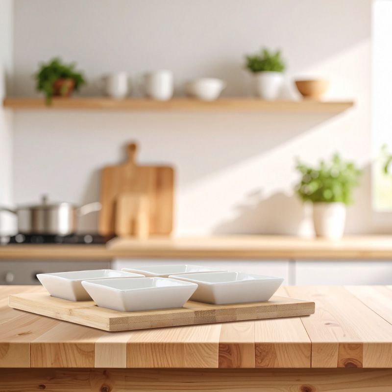 Előétel kínáló szett – porcelán tálkák bambusz tálcával