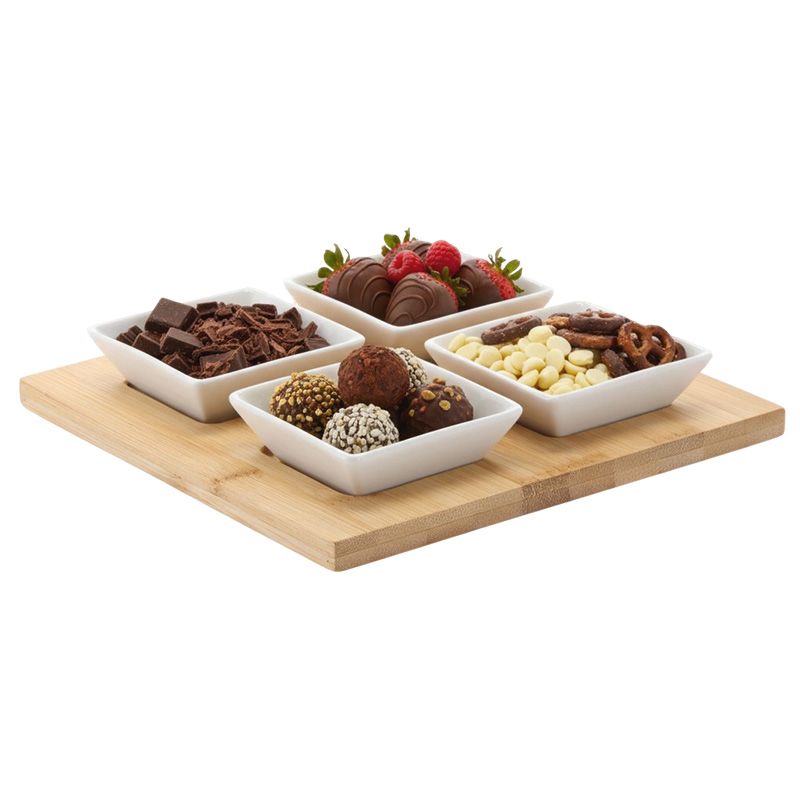 Előétel kínáló szett – porcelán tálkák bambusz tálcával