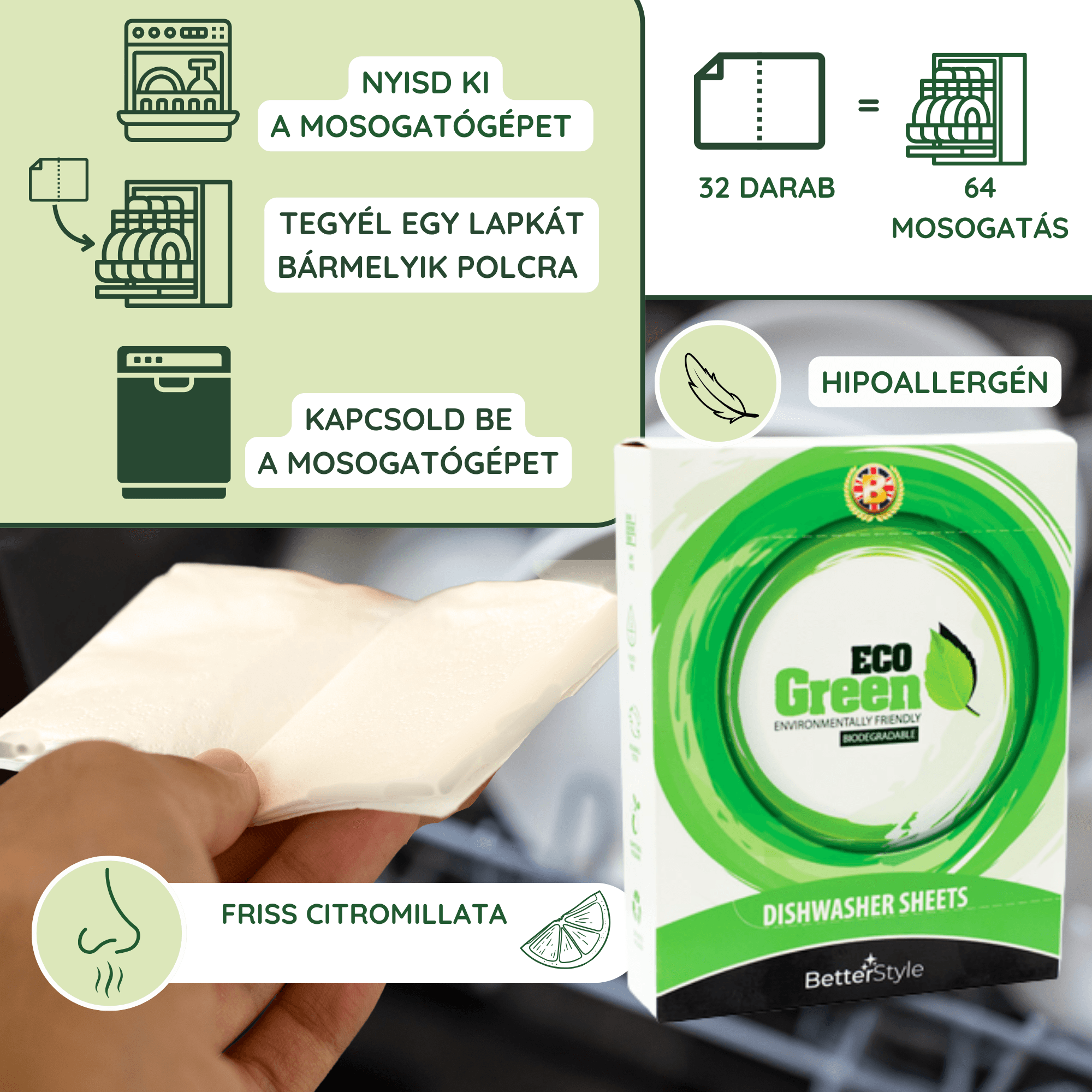 ECO Green mosogatógép lapok 32 db, 64 mosogatáshoz